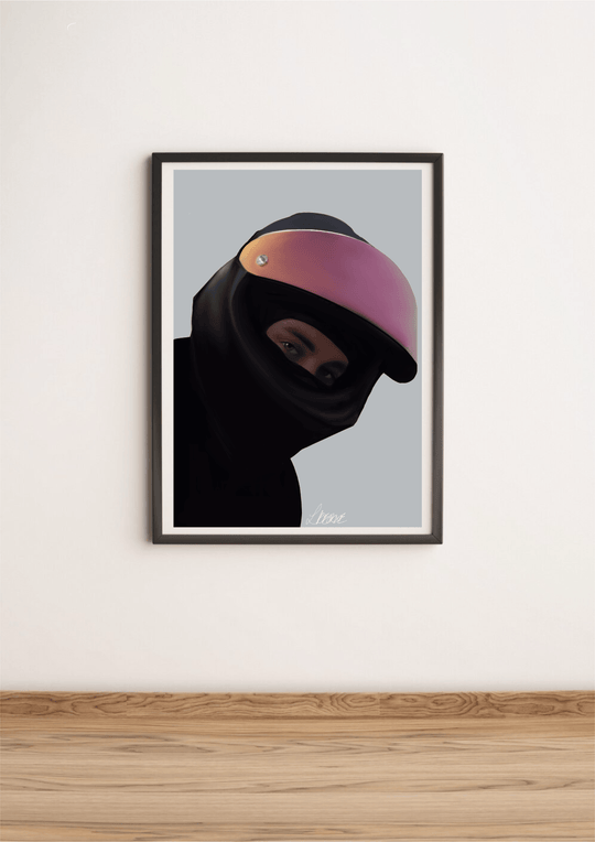 Introducing the "Mysterious Rider: Handcrafted Drawing of a Man with a Motorcycle Helmet Print" – a truly captivating piece perfect for any motorcycle enthusiast! This stunning hand-drawn artwork is beautifully set against a wooden floor, featuring an individual sporting a sleek black balaclava and helmet. The reflective pink visor is the star of the show, adding an eye-catching twist that draws you in. The gray background amps up the intrigue, making this artwork even more irresistible. Plus, it’s signed a