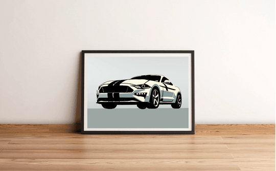 Introducing a charming Mustang-inspired minimalist print that will rev up your space! This framed artwork features a sleek design, showcasing bold black racing stripes on a pure white body. It's displayed on a rustic wooden floor against a simple white wall, with the car artistically angled slightly to the right, capturing the essence of automotive innovation. Perfect for any car aficionado or anyone looking to add an elegant touch to their decor!