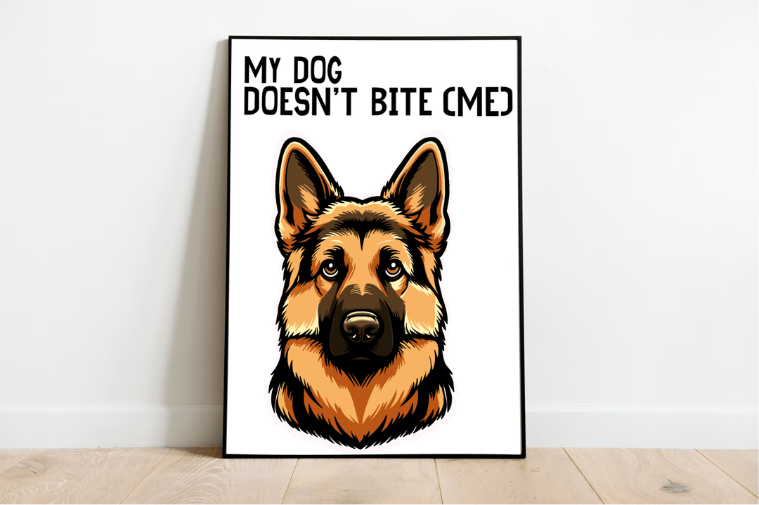 Introducing the "My Dog Doesn't Bite (Me)" print: a delightful framed illustration that's perfect for dog lovers and art enthusiasts alike! This charming piece features a German Shepherd with its large, alert ears and intense gaze, making it a standout against any white wall. Above this majestic pup’s head, you’ll find the cheeky phrase, "MY DOG DOESN'T BITE (ME)," sure to bring a smile to anyone's face. Displayed on a light wooden floor, this artwork is bound to add warmth and personality to your space. Pe