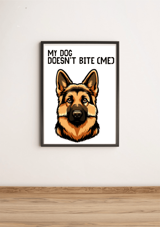 Introducing the "My Dog Doesn't Bite (Me)" print: a delightful framed illustration that's perfect for dog lovers and art enthusiasts alike! This charming piece features a German Shepherd with its large, alert ears and intense gaze, making it a standout against any white wall. Above this majestic pup’s head, you’ll find the cheeky phrase, "MY DOG DOESN'T BITE (ME)," sure to bring a smile to anyone's face. Displayed on a light wooden floor, this artwork is bound to add warmth and personality to your space. Pe