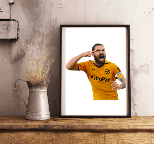 Introducing the "Maestro on the Field - Handcrafted Ruben Neves Portrait"! This stunning piece of football art captures the vibrant energy of a football legend dressed in a striking yellow jersey with a black collar, celebrating his prowess by pointing at his head. The portrait showcases signature details like the "AstroPay" logo and a captivating wolf emblem, while his tattooed arm and sleek black wristband add an extra layer of uniqueness against the crisp white background. Whether you're a dedicated fan 