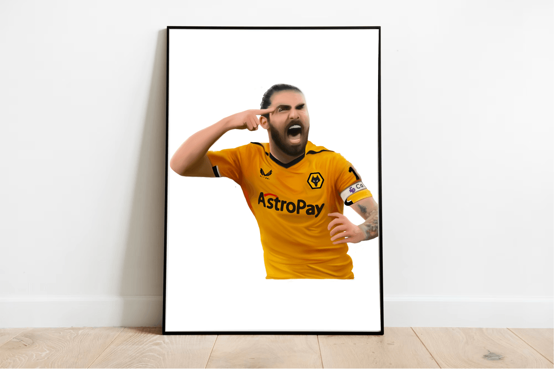Introducing the "Maestro on the Field - Handcrafted Ruben Neves Portrait"! This stunning piece of football art captures the vibrant energy of a football legend dressed in a striking yellow jersey with a black collar, celebrating his prowess by pointing at his head. The portrait showcases signature details like the "AstroPay" logo and a captivating wolf emblem, while his tattooed arm and sleek black wristband add an extra layer of uniqueness against the crisp white background. Whether you're a dedicated fan 
