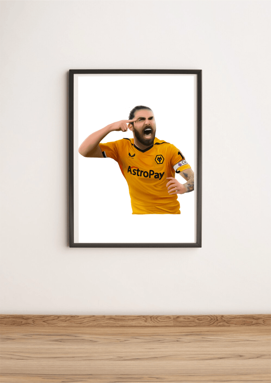 Introducing the "Maestro on the Field - Handcrafted Ruben Neves Portrait"! This stunning piece of football art captures the vibrant energy of a football legend dressed in a striking yellow jersey with a black collar, celebrating his prowess by pointing at his head. The portrait showcases signature details like the "AstroPay" logo and a captivating wolf emblem, while his tattooed arm and sleek black wristband add an extra layer of uniqueness against the crisp white background. Whether you're a dedicated fan 