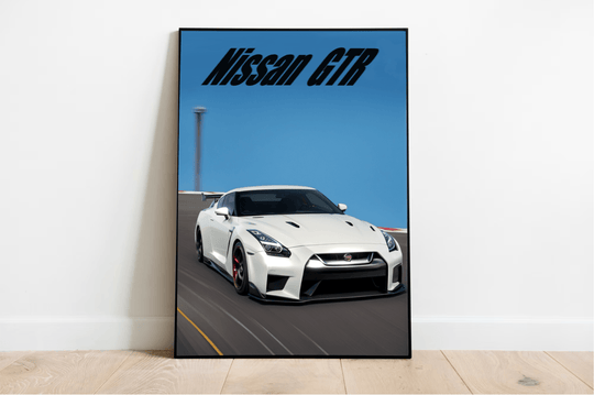 Check out "Velocity Symphony," a stunning framed high-gloss artwork that brings the thrill of the racetrack right into your space! This captivating piece features a sleek white Nissan GTR zooming across the track under a vibrant blue sky. Angled to reveal its dynamic design, this masterpiece perfectly captures the essence of speed. Bold black text at the top proudly announces "Nissan GTR." Set against a simple white wall with an elegant wooden floor, this poster is sure to rev up any room's decor!
