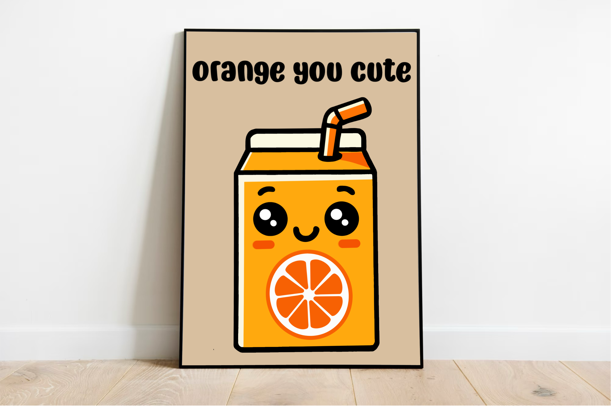 Get ready to fall in love with the "Orange You Cute" print! This delightful poster features an adorable cartoon orange juice carton, complete with a big smile and rosy cheeks. It's decked out with a drinking straw and an adorable orange slice design. The playful "Orange You Cute" text pops beautifully against the soft beige background, making it a charming addition to any room. Displayed stylishly on a wooden floor, this framed piece is sure to bring joy and warmth to your space!