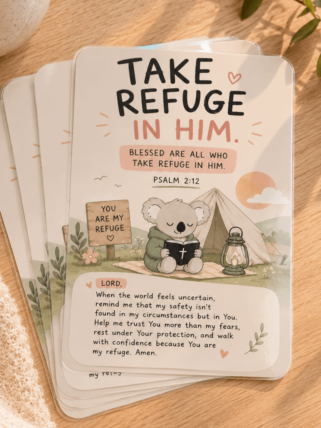 Psalm 2:12 Christian prayer card with original KEOLIX illustration reminding believers to take refuge in God