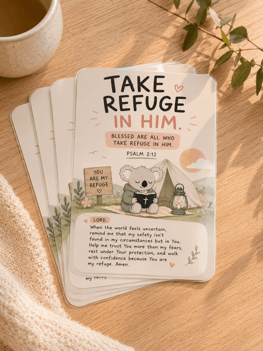 Psalm 2:12 Christian prayer card with original KEOLIX illustration reminding believers to take refuge in God