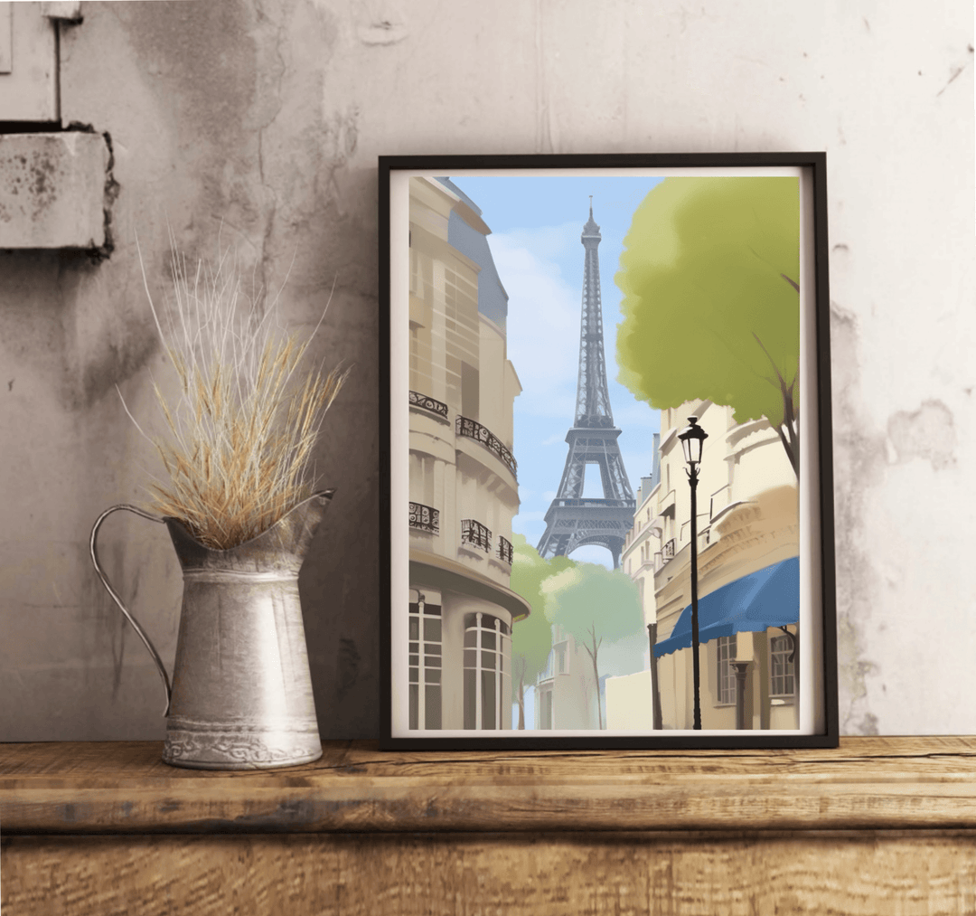 Imagine walking into a room and being greeted by the charming scene of "Parisian Elegance: Eiffel Tower Artwork." These framed prints, nestled warmly against a crisp white wall on a cozy wooden floor, effortlessly bring a slice of Paris right to your space. You'll find the iconic Eiffel Tower standing tall amidst quaint Parisian buildings, lush green trees, and an antique lamppost. The artwork paints this picturesque street view in a soft, illustrative style with beautifully muted colors that promise to add