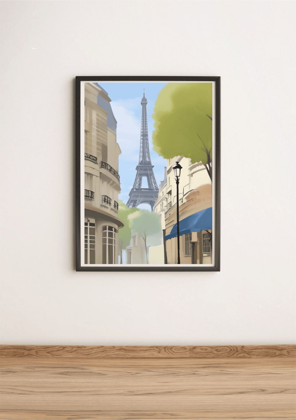 Imagine walking into a room and being greeted by the charming scene of "Parisian Elegance: Eiffel Tower Artwork." These framed prints, nestled warmly against a crisp white wall on a cozy wooden floor, effortlessly bring a slice of Paris right to your space. You'll find the iconic Eiffel Tower standing tall amidst quaint Parisian buildings, lush green trees, and an antique lamppost. The artwork paints this picturesque street view in a soft, illustrative style with beautifully muted colors that promise to add