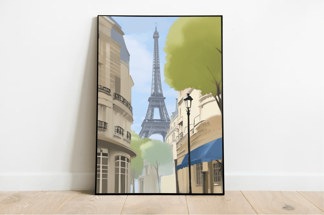 Imagine walking into a room and being greeted by the charming scene of "Parisian Elegance: Eiffel Tower Artwork." These framed prints, nestled warmly against a crisp white wall on a cozy wooden floor, effortlessly bring a slice of Paris right to your space. You'll find the iconic Eiffel Tower standing tall amidst quaint Parisian buildings, lush green trees, and an antique lamppost. The artwork paints this picturesque street view in a soft, illustrative style with beautifully muted colors that promise to add