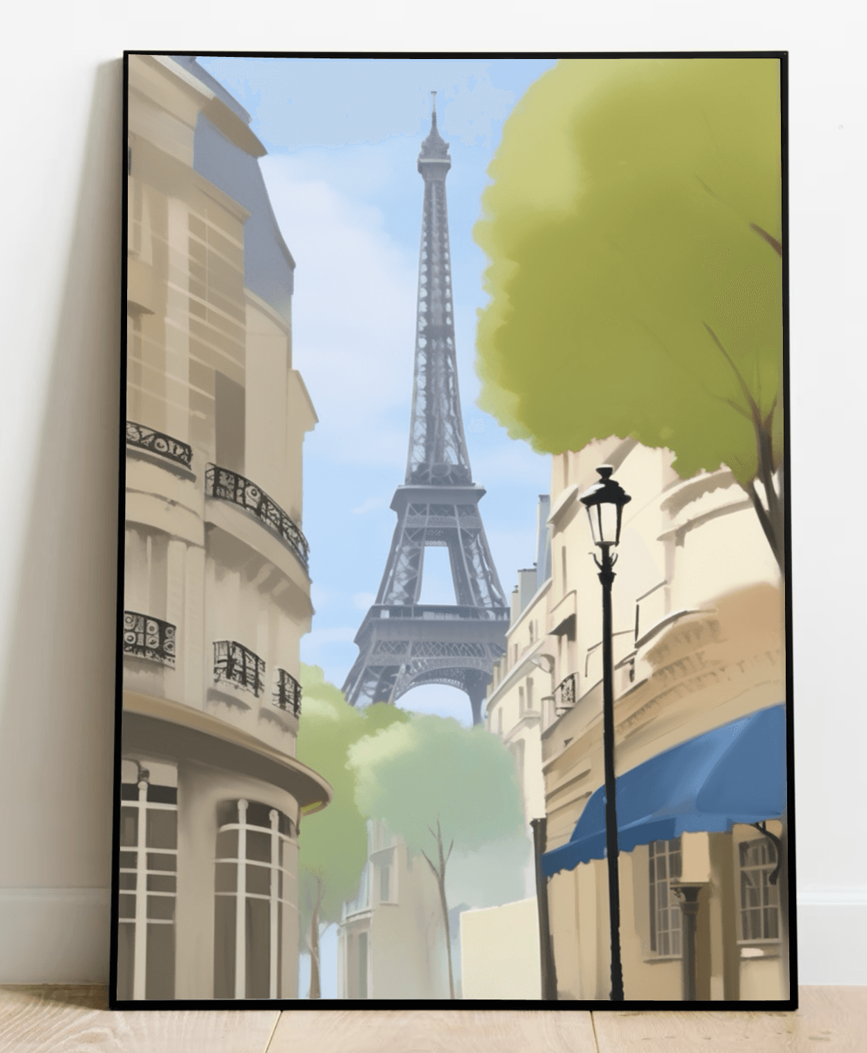 Imagine walking into a room and being greeted by the charming scene of "Parisian Elegance: Eiffel Tower Artwork." These framed prints, nestled warmly against a crisp white wall on a cozy wooden floor, effortlessly bring a slice of Paris right to your space. You'll find the iconic Eiffel Tower standing tall amidst quaint Parisian buildings, lush green trees, and an antique lamppost. The artwork paints this picturesque street view in a soft, illustrative style with beautifully muted colors that promise to add