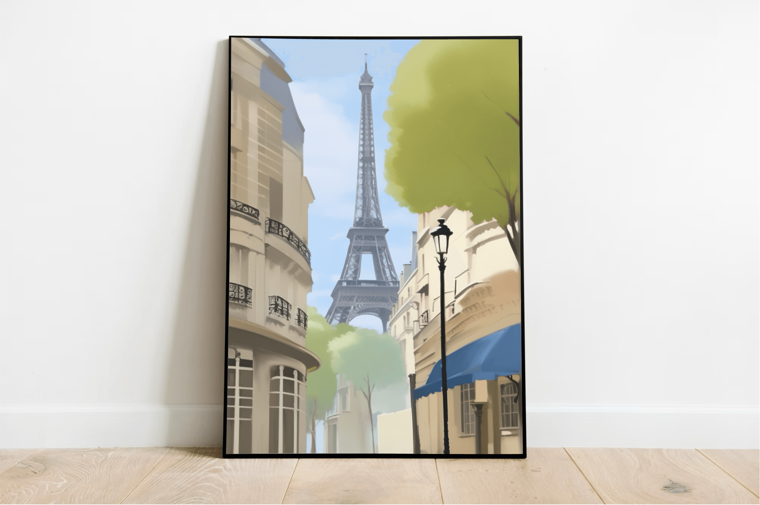 Imagine walking into a room and being greeted by the charming scene of "Parisian Elegance: Eiffel Tower Artwork." These framed prints, nestled warmly against a crisp white wall on a cozy wooden floor, effortlessly bring a slice of Paris right to your space. You'll find the iconic Eiffel Tower standing tall amidst quaint Parisian buildings, lush green trees, and an antique lamppost. The artwork paints this picturesque street view in a soft, illustrative style with beautifully muted colors that promise to add