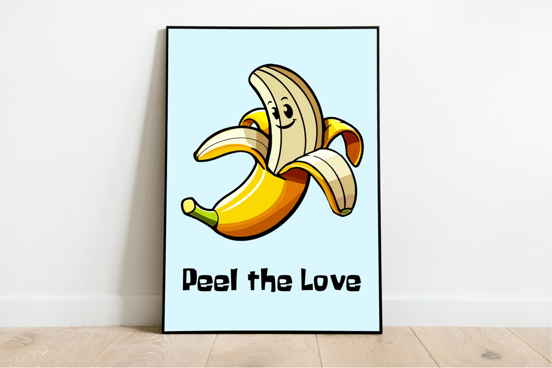 Introducing the delightful Peel the Love Banana Print—a whimsical art piece that’s sure to brighten any room! This charming print features a cheerful, peeled banana with a cute cartoon face, all set against a soothing light blue background. With three peels playfully pointing upwards and "Peel the Love" elegantly scripted underneath, this artwork is perfectly displayed above a wooden floor on a crisp white wall. Ideal for adding a touch of fun and creativity to your decor!