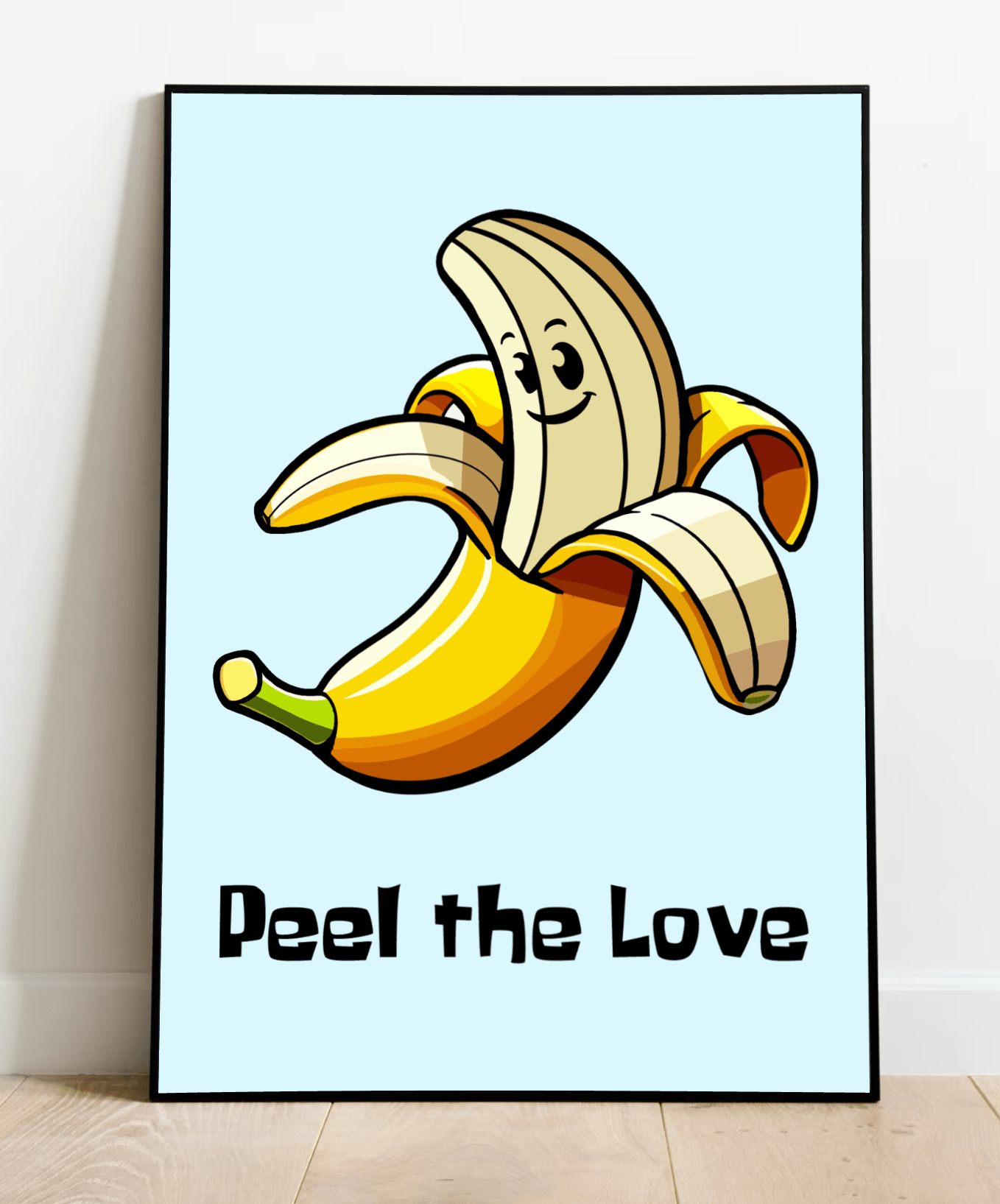 Introducing the delightful Peel the Love Banana Print—a whimsical art piece that’s sure to brighten any room! This charming print features a cheerful, peeled banana with a cute cartoon face, all set against a soothing light blue background. With three peels playfully pointing upwards and "Peel the Love" elegantly scripted underneath, this artwork is perfectly displayed above a wooden floor on a crisp white wall. Ideal for adding a touch of fun and creativity to your decor!
