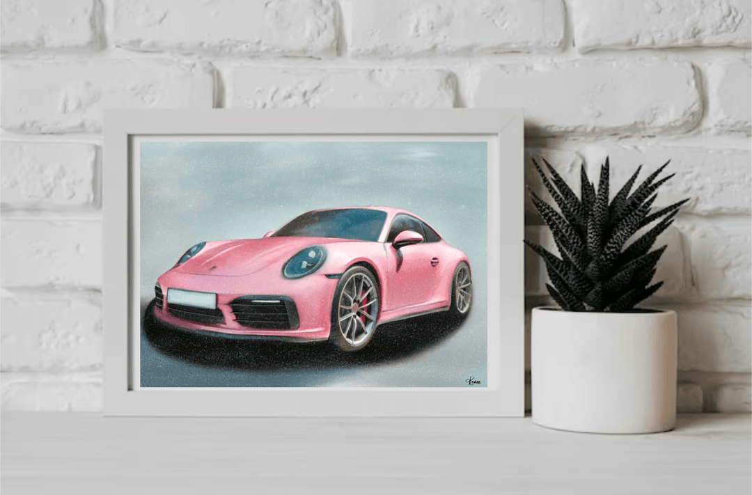 Introducing the stunning Framed Pink Porsche Print! This eye-catching piece showcases an incredibly realistic and glamorous pink Porsche, perfectly styled to capture everyone's attention. The art is thoughtfully displayed on a wooden floor with a lovely light-colored wall as its backdrop, adding a touch of elegance and charm to any space. You'll love how the car is angled slightly to the left, highlighting its sleek design, silver rims, and that soft shadow underneath—it's pure automotive artistry! The back