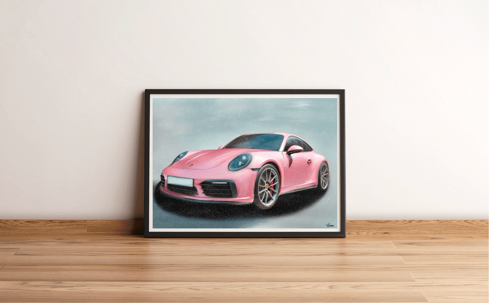 Introducing the stunning Framed Pink Porsche Print! This eye-catching piece showcases an incredibly realistic and glamorous pink Porsche, perfectly styled to capture everyone's attention. The art is thoughtfully displayed on a wooden floor with a lovely light-colored wall as its backdrop, adding a touch of elegance and charm to any space. You'll love how the car is angled slightly to the left, highlighting its sleek design, silver rims, and that soft shadow underneath—it's pure automotive artistry! The back