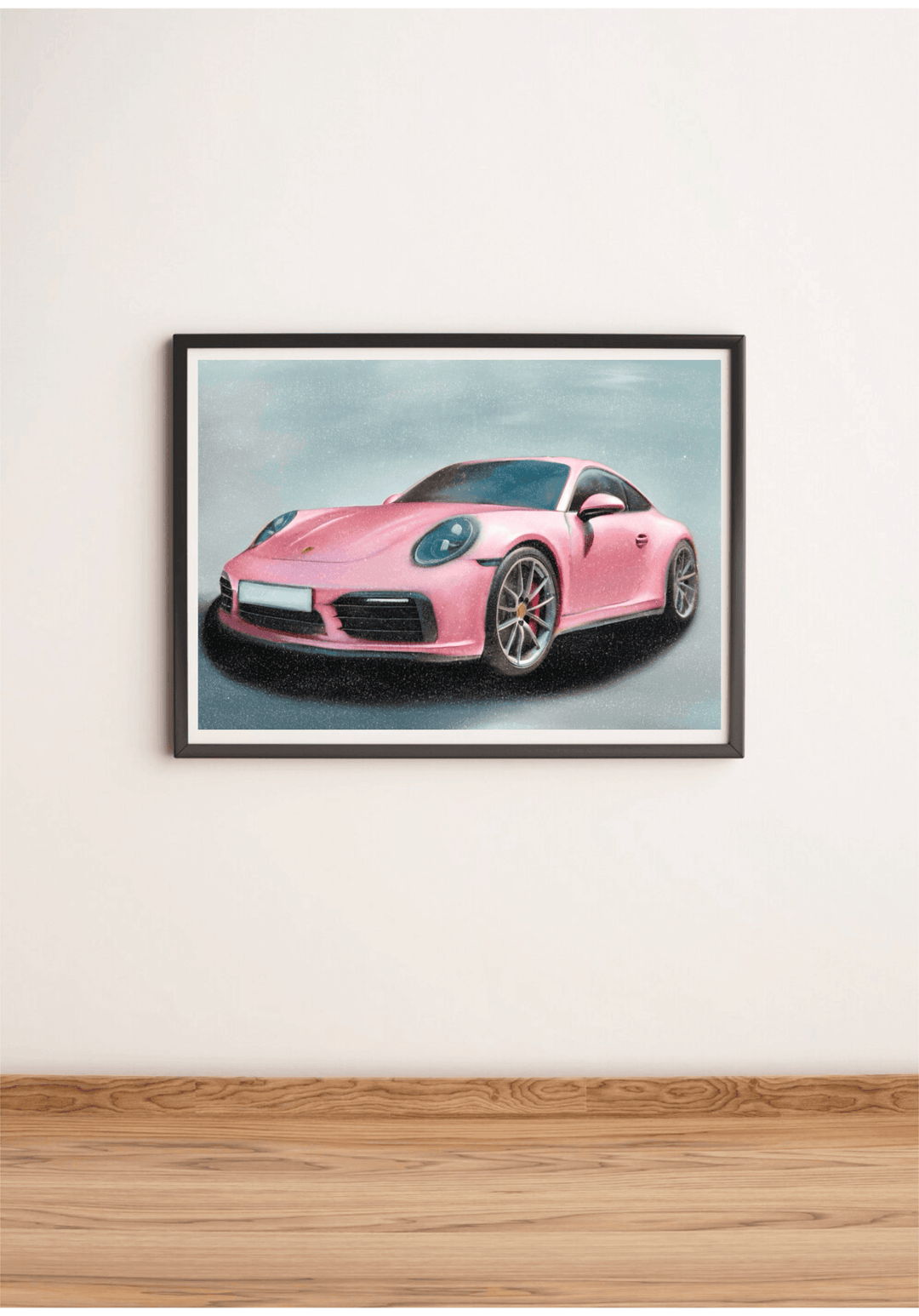 Introducing the stunning Framed Pink Porsche Print! This eye-catching piece showcases an incredibly realistic and glamorous pink Porsche, perfectly styled to capture everyone's attention. The art is thoughtfully displayed on a wooden floor with a lovely light-colored wall as its backdrop, adding a touch of elegance and charm to any space. You'll love how the car is angled slightly to the left, highlighting its sleek design, silver rims, and that soft shadow underneath—it's pure automotive artistry! The back