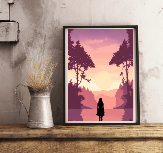 Say hello to the "Silhouette Serenity Pink Sunset" art print, a charming piece that’s ready to add a splash of color and tranquility to your space! Picture this: a silhouetted figure peacefully gazing at a serene lake, surrounded by tall, graceful trees. The sky comes alive with vibrant pink hues as the sun sets in the distance, casting its glow over distant mountains while birds soar gracefully across the scene. This delightful artwork rests elegantly against your wall, with its warmth beautifully compleme