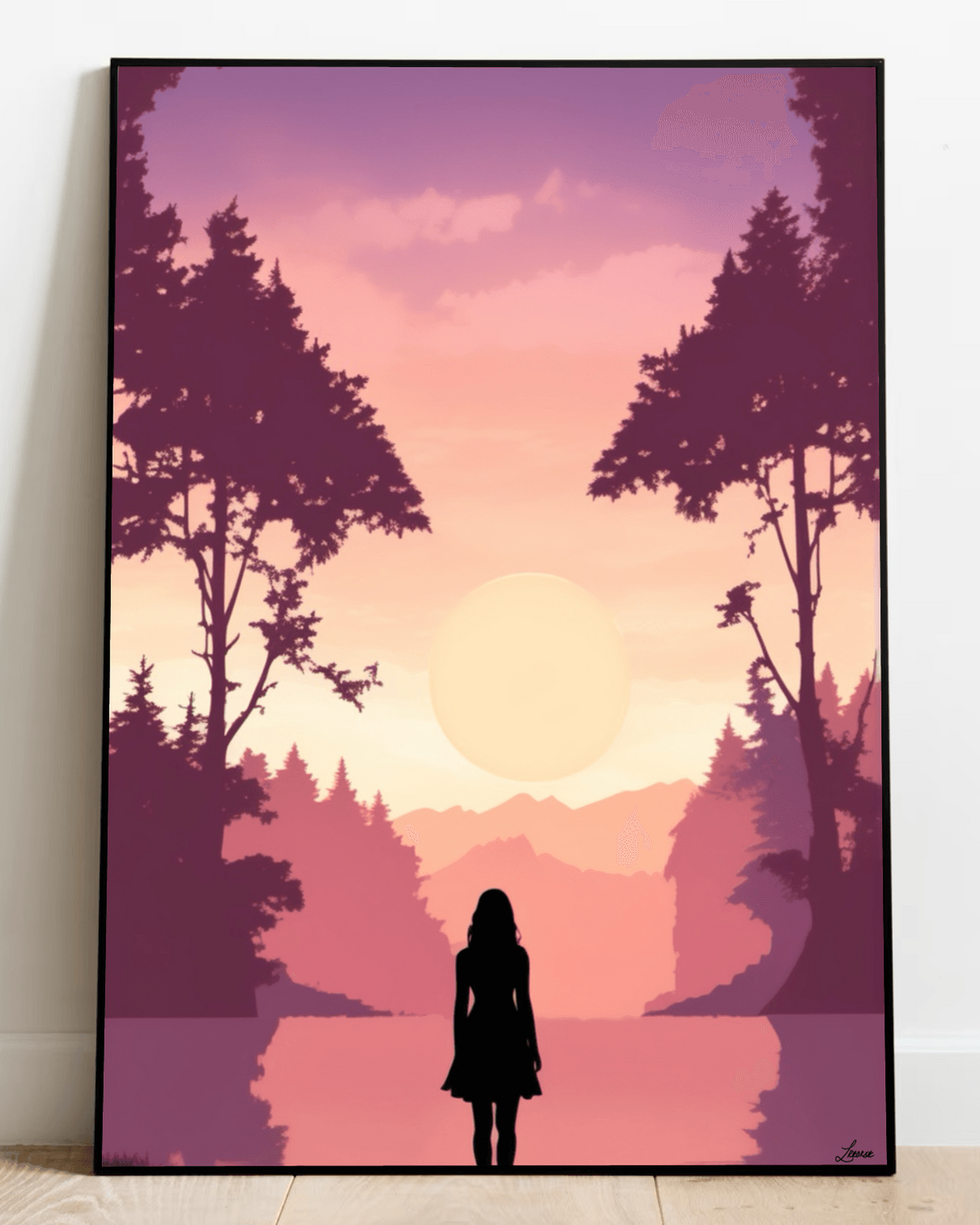 Say hello to the "Silhouette Serenity Pink Sunset" art print, a charming piece that’s ready to add a splash of color and tranquility to your space! Picture this: a silhouetted figure peacefully gazing at a serene lake, surrounded by tall, graceful trees. The sky comes alive with vibrant pink hues as the sun sets in the distance, casting its glow over distant mountains while birds soar gracefully across the scene. This delightful artwork rests elegantly against your wall, with its warmth beautifully compleme