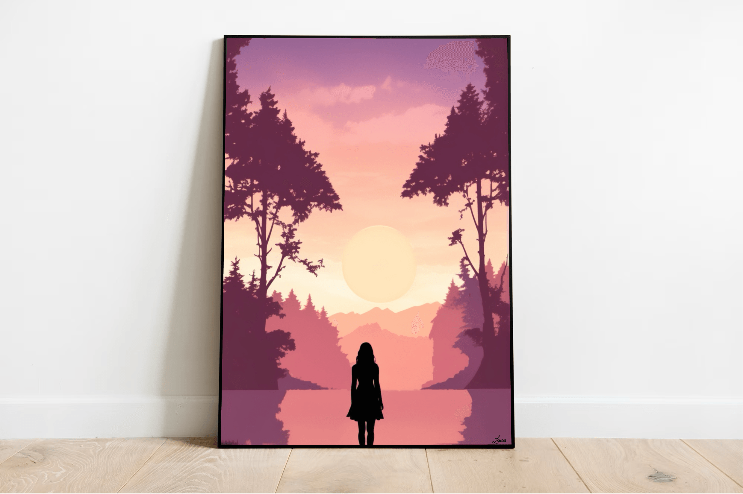 Say hello to the "Silhouette Serenity Pink Sunset" art print, a charming piece that’s ready to add a splash of color and tranquility to your space! Picture this: a silhouetted figure peacefully gazing at a serene lake, surrounded by tall, graceful trees. The sky comes alive with vibrant pink hues as the sun sets in the distance, casting its glow over distant mountains while birds soar gracefully across the scene. This delightful artwork rests elegantly against your wall, with its warmth beautifully compleme