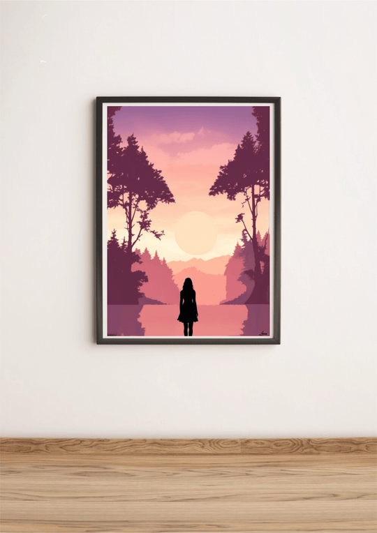 Say hello to the "Silhouette Serenity Pink Sunset" art print, a charming piece that’s ready to add a splash of color and tranquility to your space! Picture this: a silhouetted figure peacefully gazing at a serene lake, surrounded by tall, graceful trees. The sky comes alive with vibrant pink hues as the sun sets in the distance, casting its glow over distant mountains while birds soar gracefully across the scene. This delightful artwork rests elegantly against your wall, with its warmth beautifully compleme