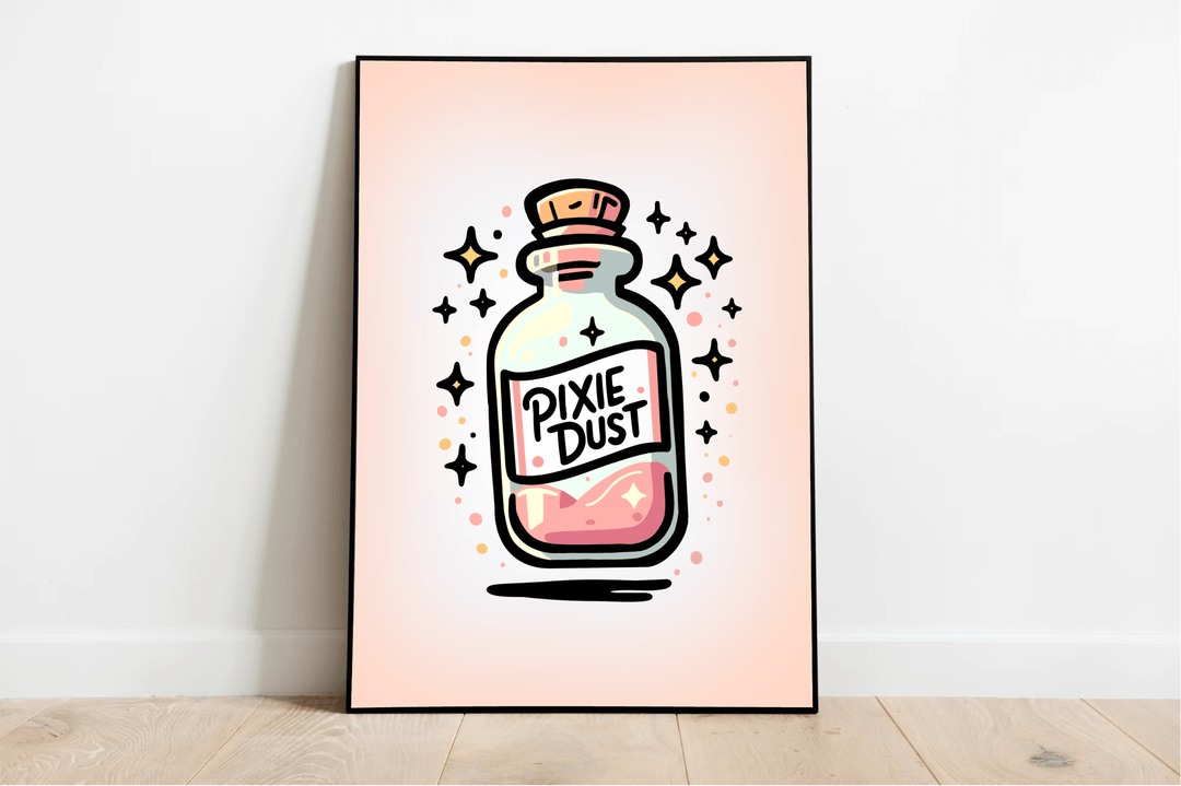 Experience a touch of magic with our "Pixie Dust Print" art piece! This delightful print arrives beautifully framed, showcasing an enchanting glass bottle with a cork stopper, brimming with pink dust and encircled by twinkling stars. The vibrant colors pop against a gentle pink backdrop, all elegantly set on a light wooden floor. You'll love the exceptional quality that shines through every detail. Perfect for adding a sprinkle of charm to any room!