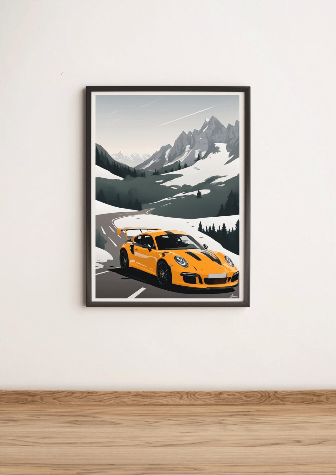 Vibrant and dynamic art print featuring a yellow Porsche racing through the scenic Alps, with towering mountains in the background. A stunning piece for car enthusiasts and lovers of adventure - Baby Keo.