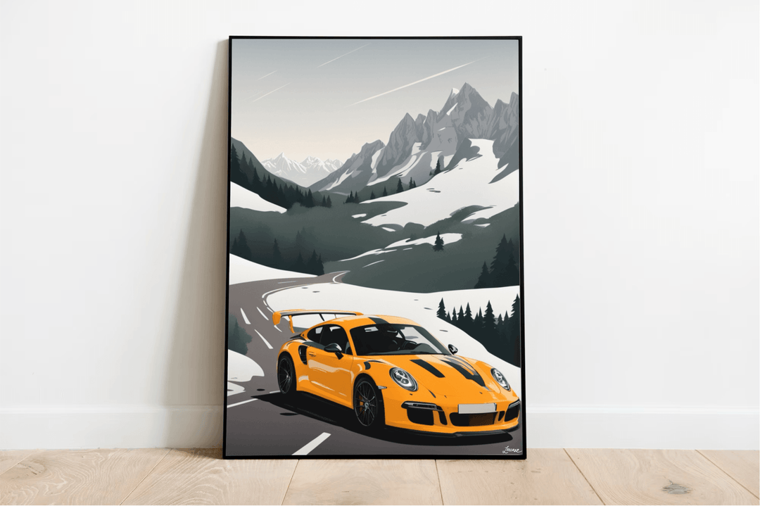 **Discover the Captivating Porsche in the Alps Art Print**

Step into a world of adventure with our stunning **Captivating Porsche in the Alps Art Print**! Imagine an eye-catching orange Porsche, elegantly detailed in black, gracefully navigating a winding mountain road. Framed by majestic snow-capped peaks and set under a serene sky, this high-quality art piece is bound to steal your heart. Perfectly showcased on a light wooden floor against a crisp white wall, it’s an ideal addition to any space seeking t