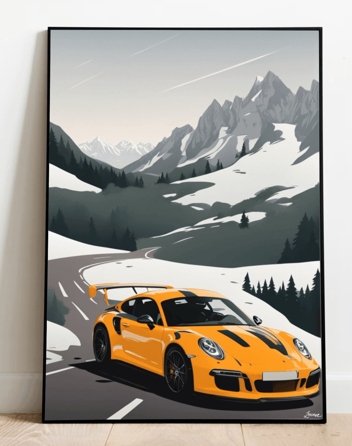 A framed art print featuring a yellow Porsche car on a road with the Alps mountains in the background.