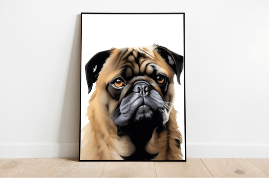 Introducing our charming Pug Portrait Print, perfect for pug lovers and art enthusiasts alike! This unframed gem features an adorable pug leaning against a pristine white wall, beautifully highlighting its light brown fur, dark facial features, and those irresistibly expressive eyes. The print is elegantly set on a wooden floor, offering a delightful touch of sophistication. Crafted with superior quality in mind, this piece is sure to captivate anyone who lays eyes on it!