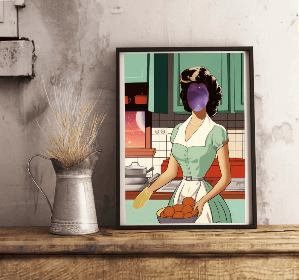 Introducing the Cosmic Homemaker: Retro Nebula Print! This captivating artwork beautifully blends nostalgia and wonder by featuring a charming vintage kitchen scene. At its heart is a faceless homemaker, stylishly dressed in mint green with a crisp white apron. Her face is an enchanting swirl of cosmic colors, adding a touch of the universe as she cradles a bowl of bright oranges. Surrounding her are retro appliances and classic tiles that lead your gaze to a window, offering a breathtaking view of the star