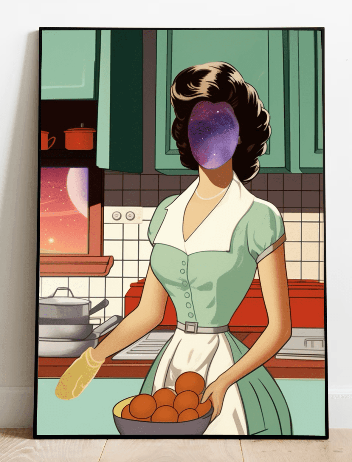 Introducing the Cosmic Homemaker: Retro Nebula Print! This captivating artwork beautifully blends nostalgia and wonder by featuring a charming vintage kitchen scene. At its heart is a faceless homemaker, stylishly dressed in mint green with a crisp white apron. Her face is an enchanting swirl of cosmic colors, adding a touch of the universe as she cradles a bowl of bright oranges. Surrounding her are retro appliances and classic tiles that lead your gaze to a window, offering a breathtaking view of the star