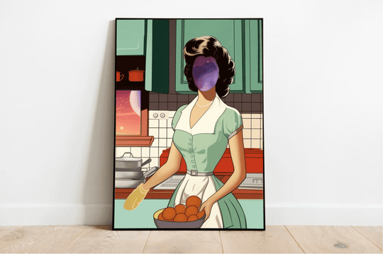 Introducing the Cosmic Homemaker: Retro Nebula Print! This captivating artwork beautifully blends nostalgia and wonder by featuring a charming vintage kitchen scene. At its heart is a faceless homemaker, stylishly dressed in mint green with a crisp white apron. Her face is an enchanting swirl of cosmic colors, adding a touch of the universe as she cradles a bowl of bright oranges. Surrounding her are retro appliances and classic tiles that lead your gaze to a window, offering a breathtaking view of the star