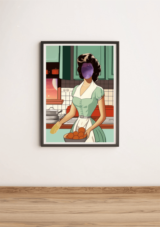 Introducing the Cosmic Homemaker: Retro Nebula Print! This captivating artwork beautifully blends nostalgia and wonder by featuring a charming vintage kitchen scene. At its heart is a faceless homemaker, stylishly dressed in mint green with a crisp white apron. Her face is an enchanting swirl of cosmic colors, adding a touch of the universe as she cradles a bowl of bright oranges. Surrounding her are retro appliances and classic tiles that lead your gaze to a window, offering a breathtaking view of the star