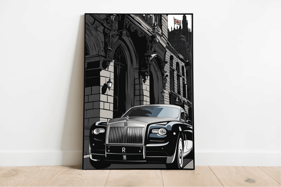 Introducing the mesmerizing Rolls Royce Art Print! This stunning piece showcases a beautifully framed image of a black Phantom, elegantly parked in front of a grand historic building adorned with arched windows and intricate columns. Adding to the charm is a vibrant red and white flag gently waving atop the structure. Printed on A3 glossy finish, this masterpiece perfectly complements any space, whether hung on a crisp white wall or displayed above a stylish wooden floor. Transform your room with this capti