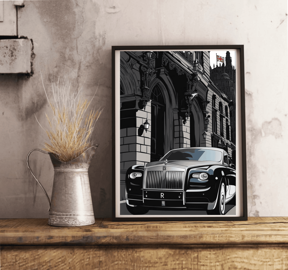 Introducing the mesmerizing Rolls Royce Art Print! This stunning piece showcases a beautifully framed image of a black Phantom, elegantly parked in front of a grand historic building adorned with arched windows and intricate columns. Adding to the charm is a vibrant red and white flag gently waving atop the structure. Printed on A3 glossy finish, this masterpiece perfectly complements any space, whether hung on a crisp white wall or displayed above a stylish wooden floor. Transform your room with this capti