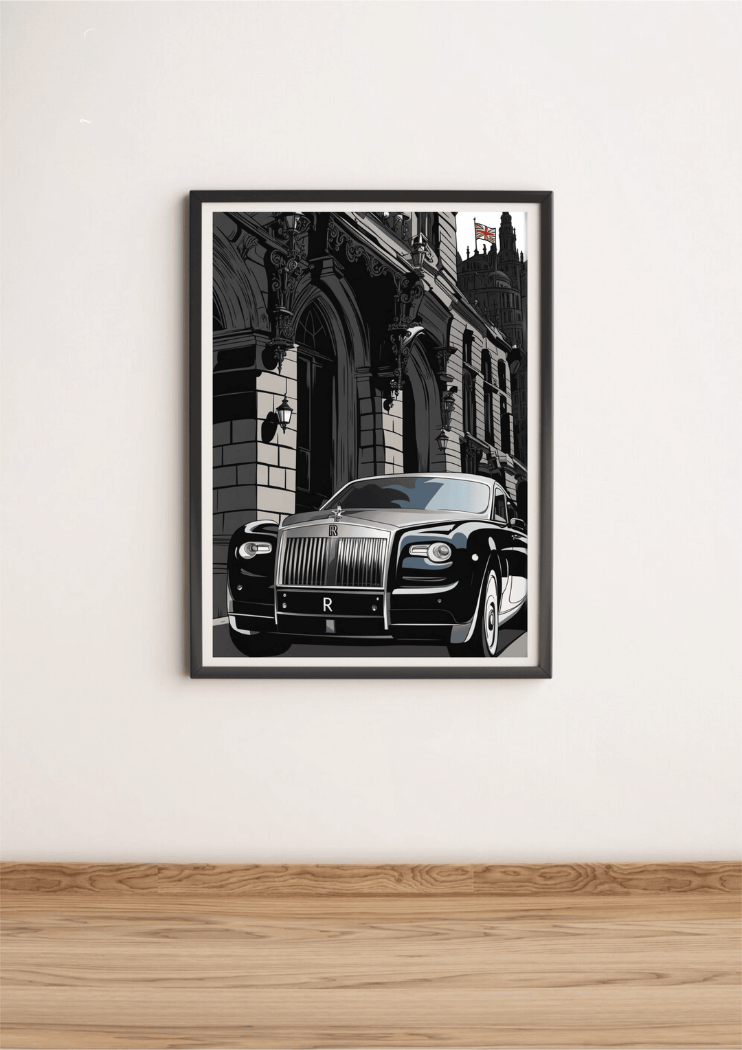 Introducing the mesmerizing Rolls Royce Art Print! This stunning piece showcases a beautifully framed image of a black Phantom, elegantly parked in front of a grand historic building adorned with arched windows and intricate columns. Adding to the charm is a vibrant red and white flag gently waving atop the structure. Printed on A3 glossy finish, this masterpiece perfectly complements any space, whether hung on a crisp white wall or displayed above a stylish wooden floor. Transform your room with this capti