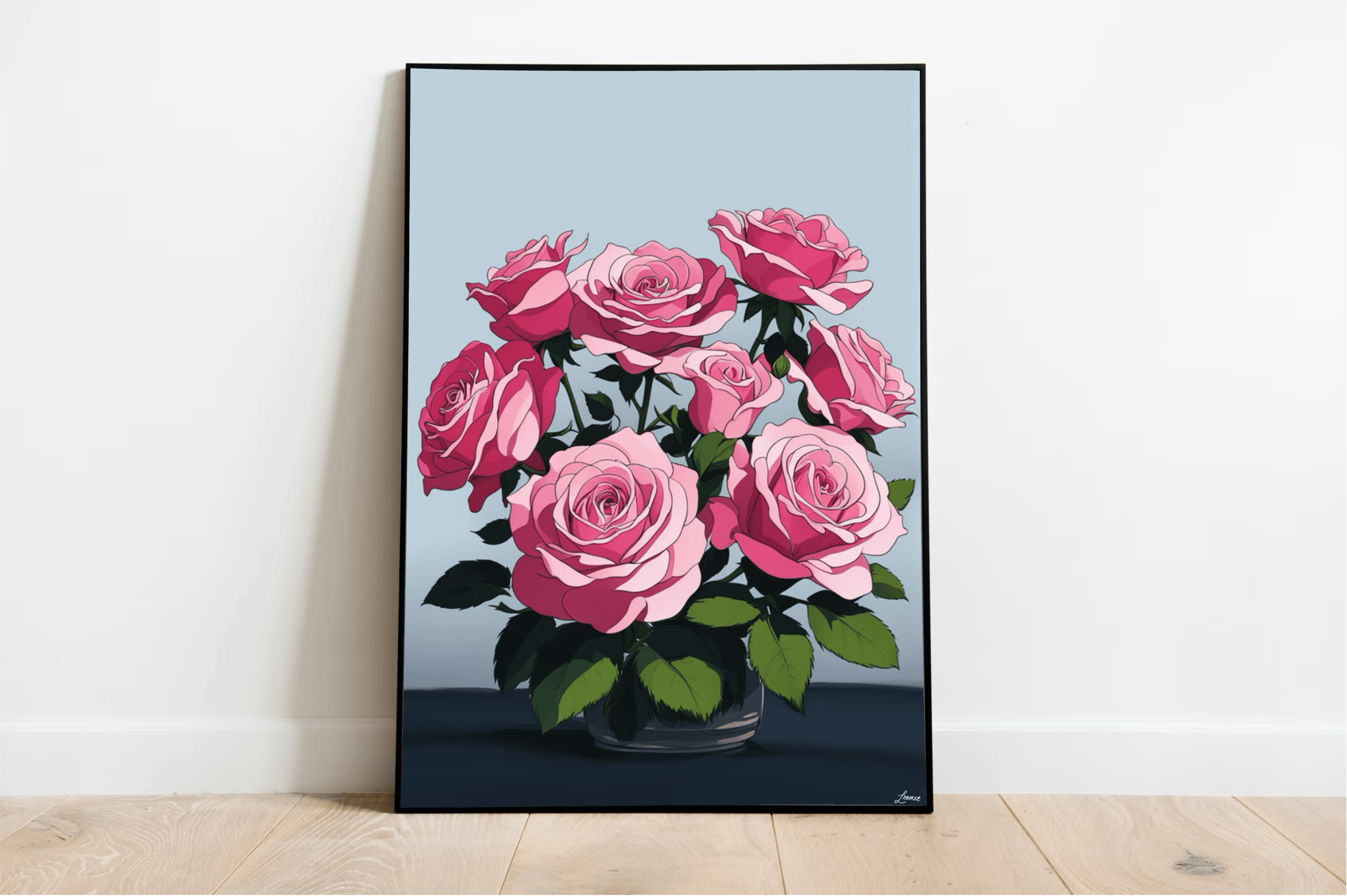 Introducing the "Roses in a Vase: Timeless Floral Elegance Print," where elegance meets nature! Imagine a stunning bouquet of pink roses, each petal beautifully detailed, paired with lush green leaves. This charming arrangement sits gracefully on a wooden floor, with a crisp white wall as its backdrop. The artistry is brought to life against a serene light blue background, making it an eye-catching piece for any space. Available in premium print options, this lifelike masterpiece guarantees exceptional qual