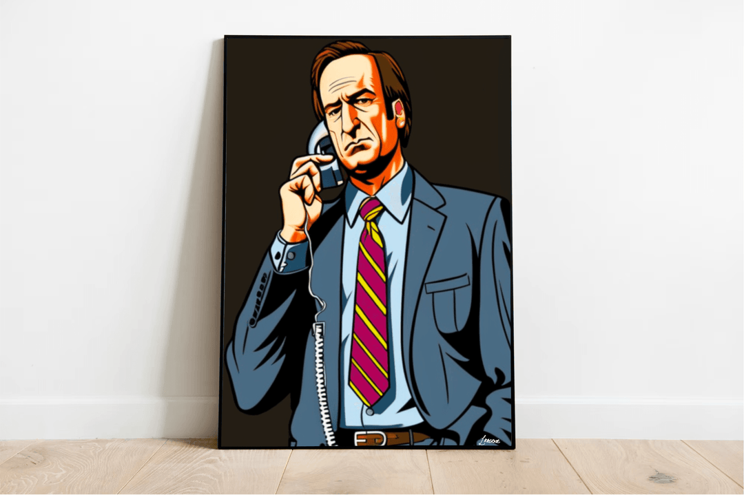 Check out the Saul Goodman Cartoon Aesthetic Art Print! This eye-catching piece showcases an illustrated man in a sharp blue suit, crisp white shirt, and a bold red-and-yellow striped tie as he confidently holds a telephone handset. The playful cartoon vibe pops against the solid dark background, making it stand out beautifully. Perfectly placed against a white wall with chic light wood flooring, this art print is ready to bring some fun flair to your space!