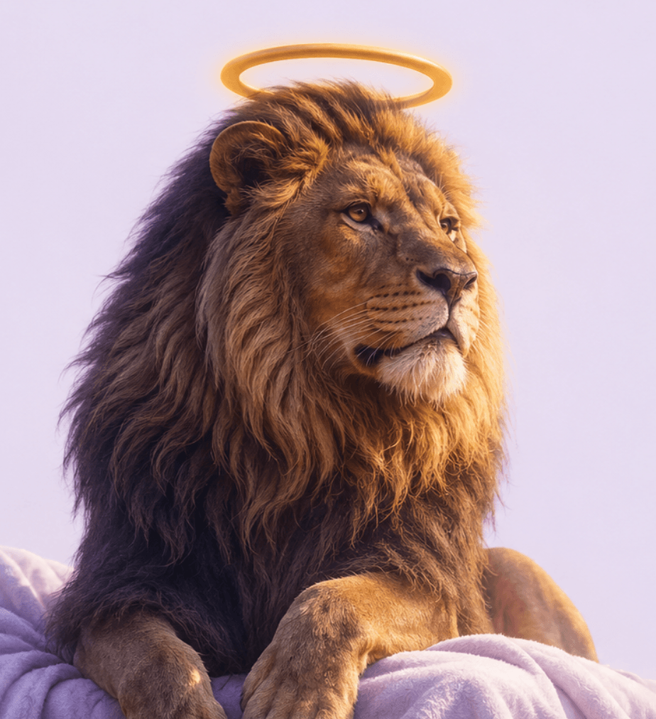 Lion with a halo on a light purple background