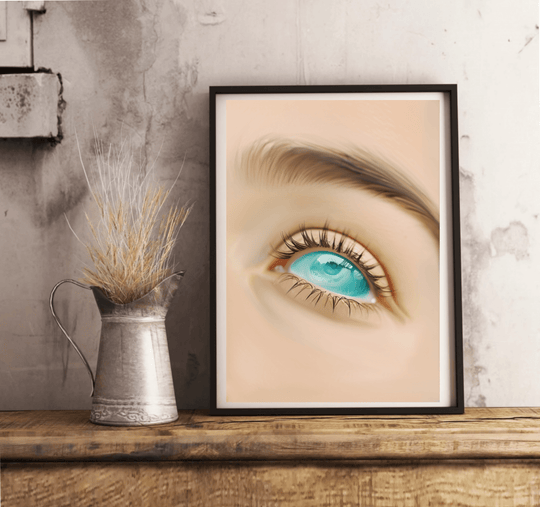 Introducing the "Sea-Gaze Print"—a truly captivating framed art piece that will brighten up any space! Featuring a striking close-up of a mesmerizing blue eye, this print leans effortlessly against a pristine white wall, adding an elegant touch. The intricate details of the eyelashes and eyebrow beautifully contrast with the light skin tone backdrop, making every glance at this artwork feel special. Resting gracefully on a warm wooden floor, it embodies a minimalist and modern style that's perfect for creat