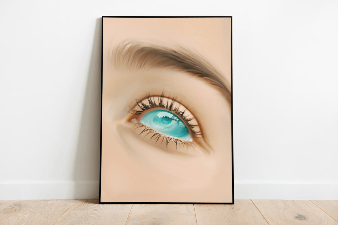 Introducing the "Sea-Gaze Print"—a truly captivating framed art piece that will brighten up any space! Featuring a striking close-up of a mesmerizing blue eye, this print leans effortlessly against a pristine white wall, adding an elegant touch. The intricate details of the eyelashes and eyebrow beautifully contrast with the light skin tone backdrop, making every glance at this artwork feel special. Resting gracefully on a warm wooden floor, it embodies a minimalist and modern style that's perfect for creat