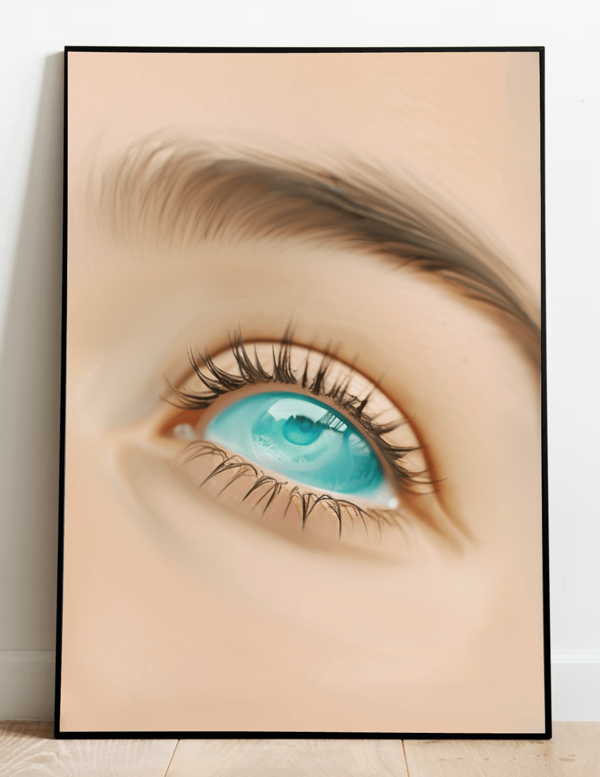Introducing the "Sea-Gaze Print"—a truly captivating framed art piece that will brighten up any space! Featuring a striking close-up of a mesmerizing blue eye, this print leans effortlessly against a pristine white wall, adding an elegant touch. The intricate details of the eyelashes and eyebrow beautifully contrast with the light skin tone backdrop, making every glance at this artwork feel special. Resting gracefully on a warm wooden floor, it embodies a minimalist and modern style that's perfect for creat