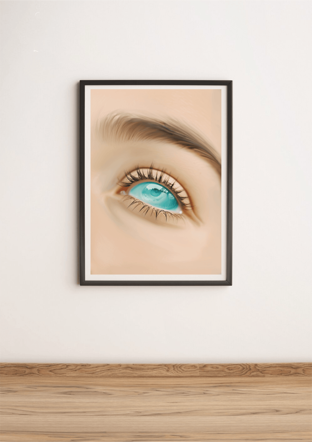 Introducing the "Sea-Gaze Print"—a truly captivating framed art piece that will brighten up any space! Featuring a striking close-up of a mesmerizing blue eye, this print leans effortlessly against a pristine white wall, adding an elegant touch. The intricate details of the eyelashes and eyebrow beautifully contrast with the light skin tone backdrop, making every glance at this artwork feel special. Resting gracefully on a warm wooden floor, it embodies a minimalist and modern style that's perfect for creat