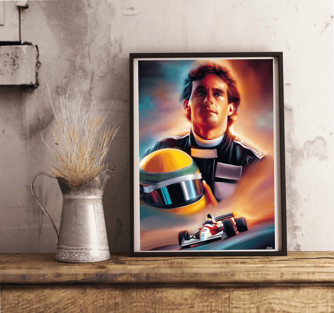 Check out this lively and captivating painting that perfectly captures the thrilling racing legacy of a legendary driver! Dressed in a sleek black suit and cradling a bright yellow and green helmet, he stands boldly against a swirl of vivid colors. Below him, a tiny Formula 1 car zips by, bringing energy to this scene in the Limited Edition "Racing Legacy" Art Print: An Artistic Tribute to Senna. Displayed against a crisp white wall on hardwood floors, this artwork is not just any print—it's an electrifying