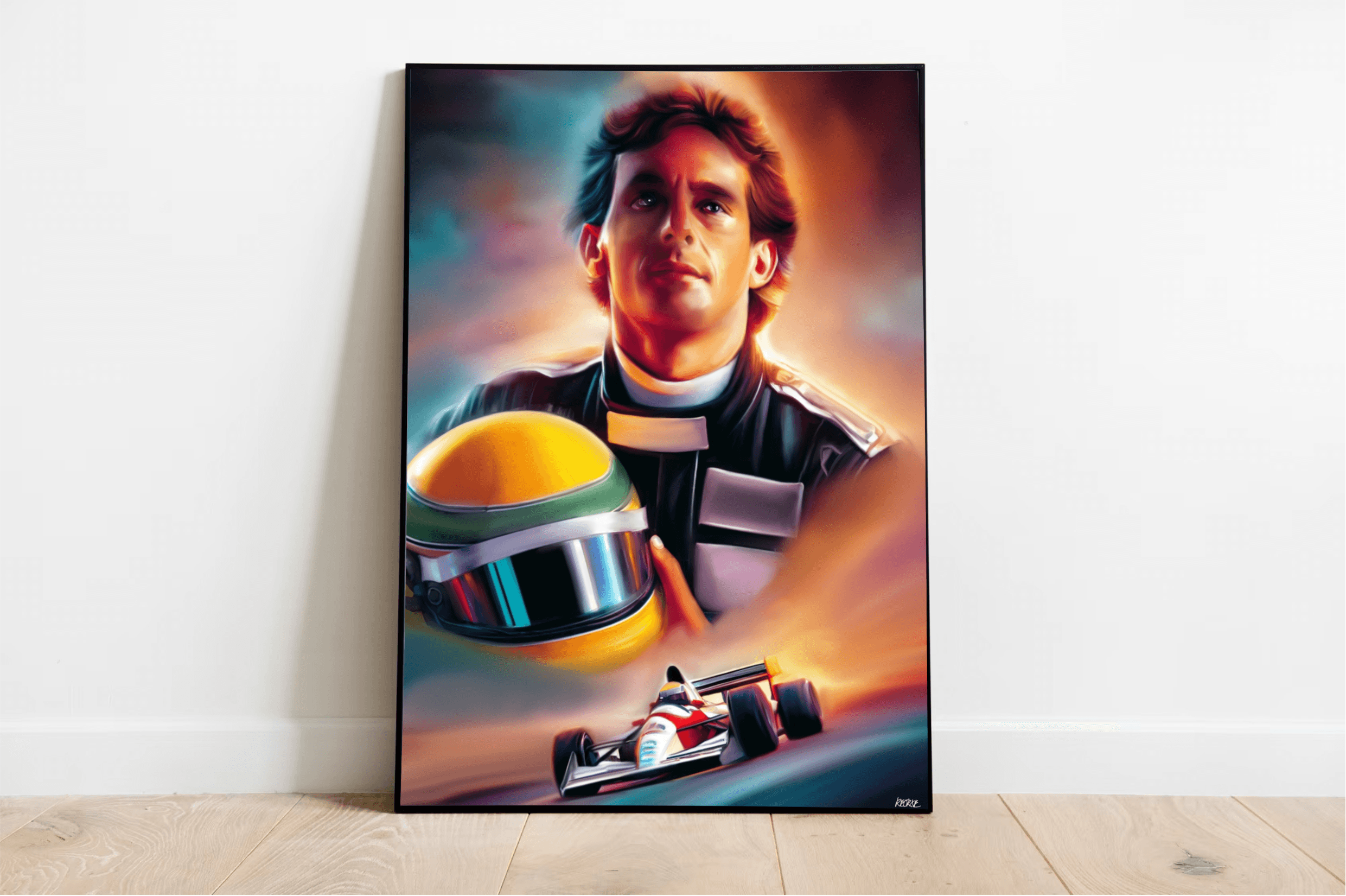 Check out this lively and captivating painting that perfectly captures the thrilling racing legacy of a legendary driver! Dressed in a sleek black suit and cradling a bright yellow and green helmet, he stands boldly against a swirl of vivid colors. Below him, a tiny Formula 1 car zips by, bringing energy to this scene in the Limited Edition "Racing Legacy" Art Print: An Artistic Tribute to Senna. Displayed against a crisp white wall on hardwood floors, this artwork is not just any print—it's an electrifying