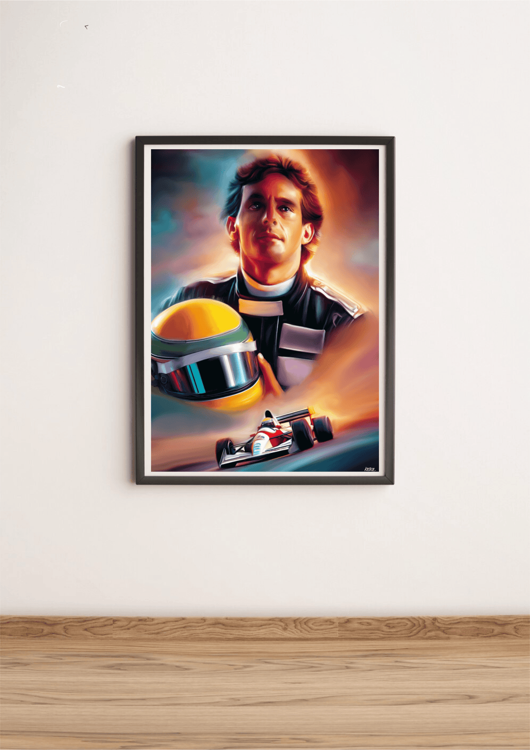 Check out this lively and captivating painting that perfectly captures the thrilling racing legacy of a legendary driver! Dressed in a sleek black suit and cradling a bright yellow and green helmet, he stands boldly against a swirl of vivid colors. Below him, a tiny Formula 1 car zips by, bringing energy to this scene in the Limited Edition "Racing Legacy" Art Print: An Artistic Tribute to Senna. Displayed against a crisp white wall on hardwood floors, this artwork is not just any print—it's an electrifying