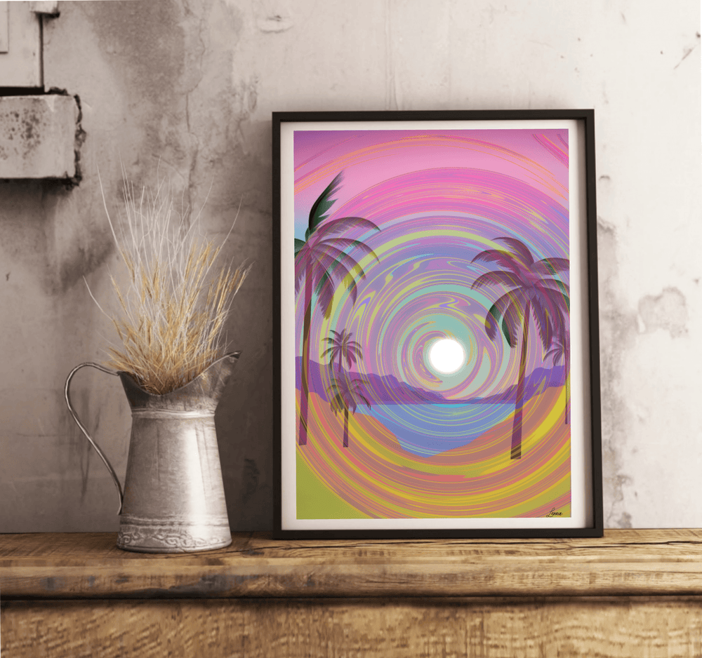 Introducing "Serene Seaside Harmony," a mesmerizing framed abstract artwork that effortlessly brings coastal vibes to any room! Picture this beautiful piece leaning gracefully against a crisp white wall on a warm wooden floor. It's a swirl of dreamy pastel colors encircling a central white circle, with charming silhouettes of palm trees and distant mountains woven into the design. The result is an enchanting, psychedelic beach scene in captivating shades of pink, purple, and yellow. Perfect for those lookin
