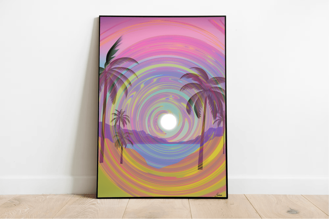 Introducing "Serene Seaside Harmony," a mesmerizing framed abstract artwork that effortlessly brings coastal vibes to any room! Picture this beautiful piece leaning gracefully against a crisp white wall on a warm wooden floor. It's a swirl of dreamy pastel colors encircling a central white circle, with charming silhouettes of palm trees and distant mountains woven into the design. The result is an enchanting, psychedelic beach scene in captivating shades of pink, purple, and yellow. Perfect for those lookin