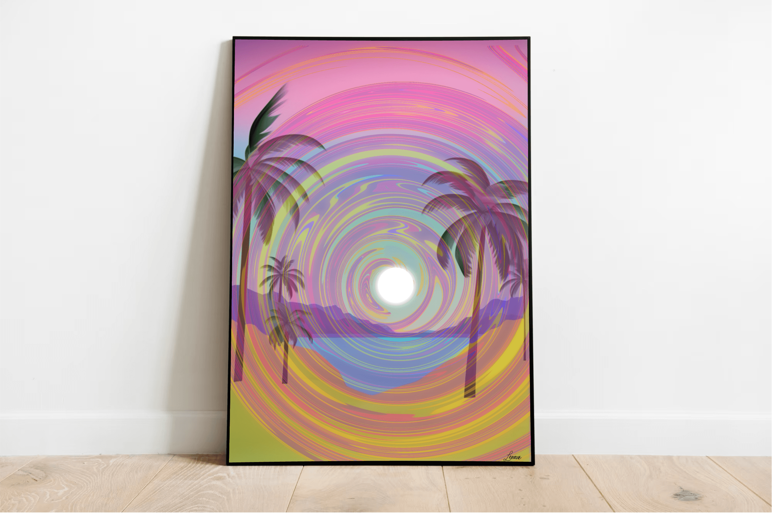 Introducing "Serene Seaside Harmony," a mesmerizing framed abstract artwork that effortlessly brings coastal vibes to any room! Picture this beautiful piece leaning gracefully against a crisp white wall on a warm wooden floor. It's a swirl of dreamy pastel colors encircling a central white circle, with charming silhouettes of palm trees and distant mountains woven into the design. The result is an enchanting, psychedelic beach scene in captivating shades of pink, purple, and yellow. Perfect for those lookin